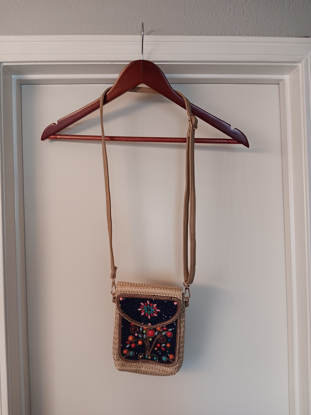 Beige Embroidered Floral Crossbody Bag